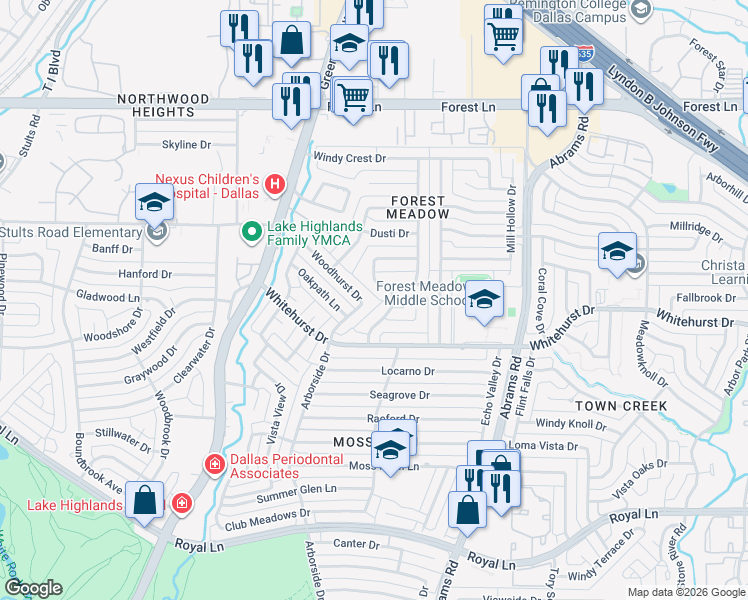 map of restaurants, bars, coffee shops, grocery stores, and more near 9235 Club Glen Drive in Dallas