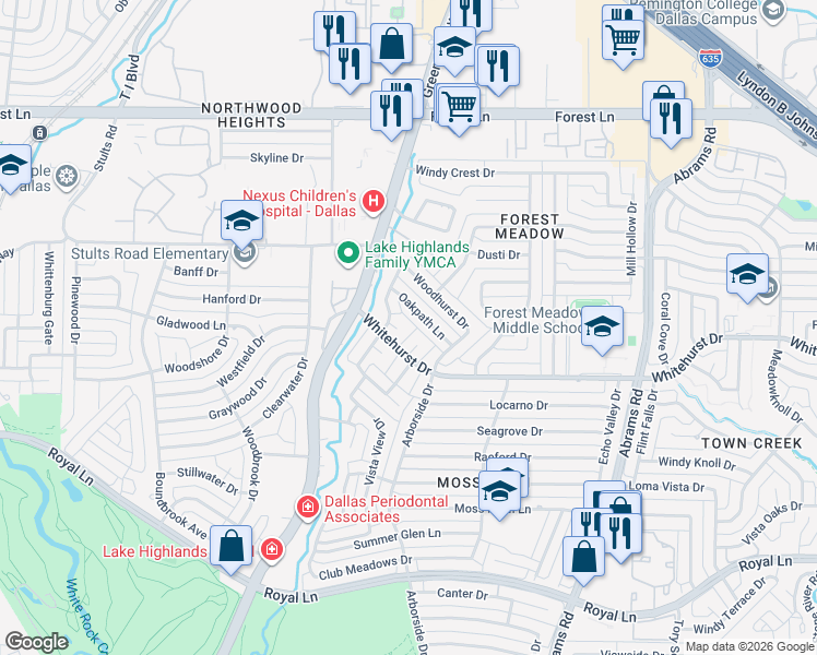 map of restaurants, bars, coffee shops, grocery stores, and more near 9026 Oakpath Lane in Dallas