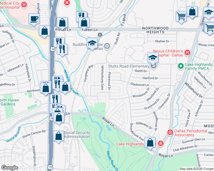 map of restaurants, bars, coffee shops, grocery stores, and more near 9231 Pinewood Drive in Dallas