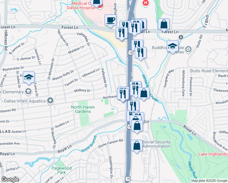 map of restaurants, bars, coffee shops, grocery stores, and more near 11231 Park Central Place in Dallas