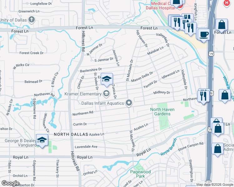 map of restaurants, bars, coffee shops, grocery stores, and more near 7219 Yamini Drive in Dallas