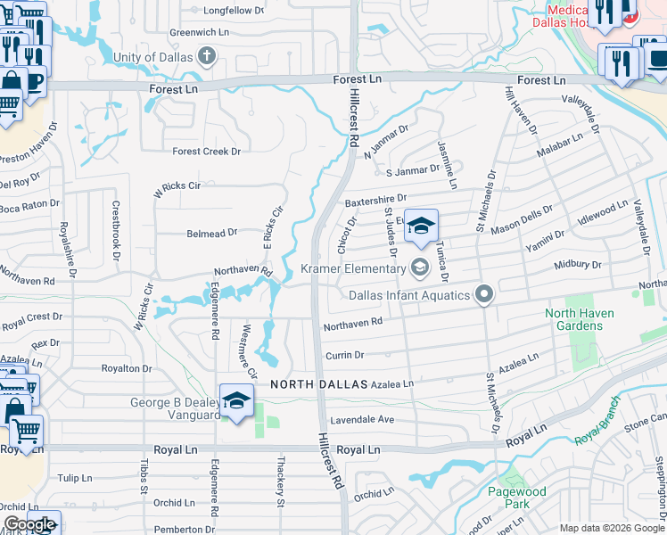map of restaurants, bars, coffee shops, grocery stores, and more near 11325 Chicot Drive in Dallas