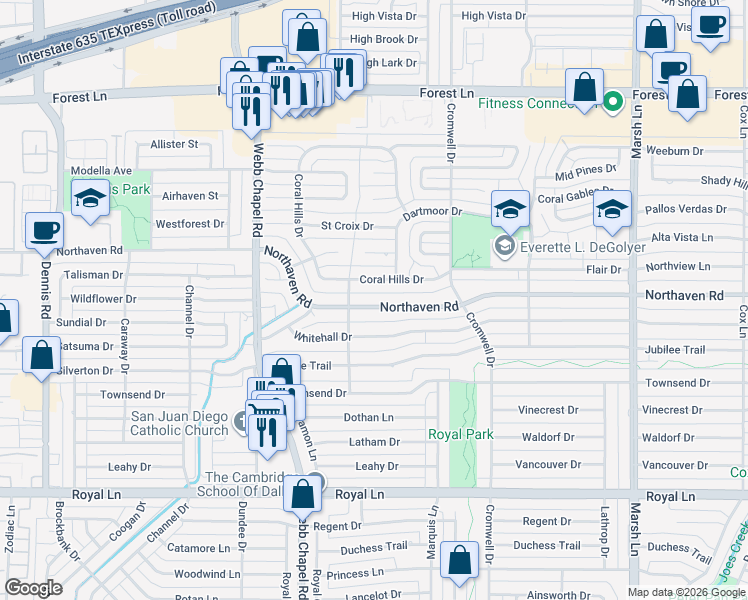 map of restaurants, bars, coffee shops, grocery stores, and more near 11349 Coral Hills Drive in Dallas