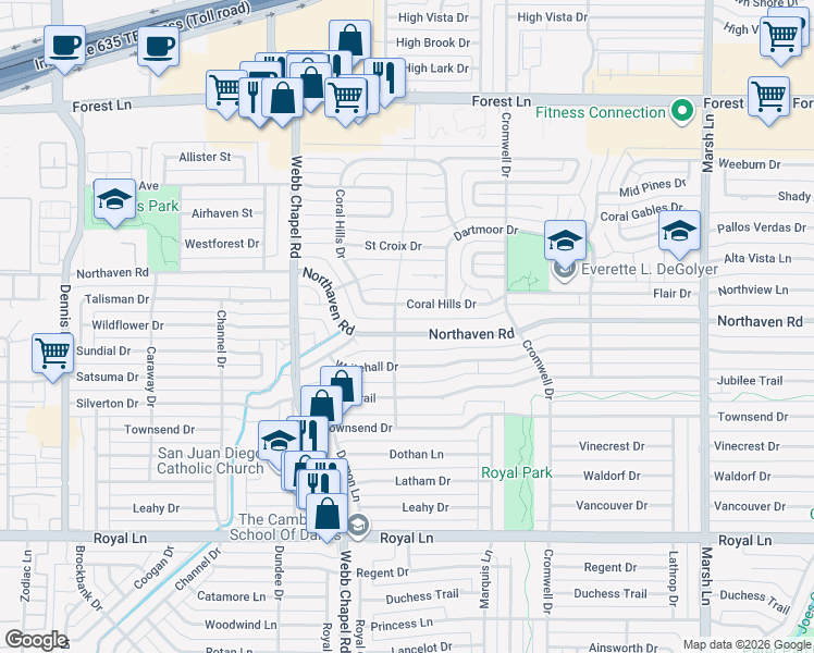 map of restaurants, bars, coffee shops, grocery stores, and more near 11403 Shans Street in Dallas