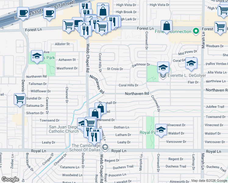map of restaurants, bars, coffee shops, grocery stores, and more near 11403 Shans Street in Dallas