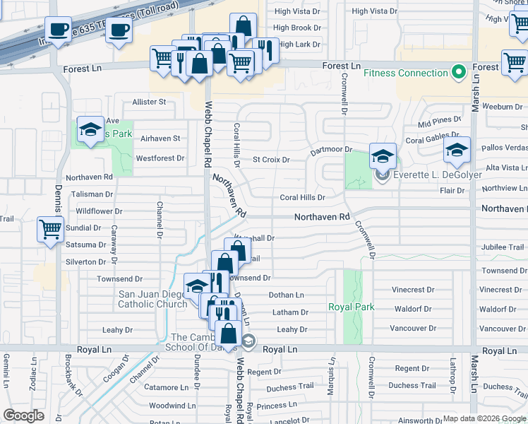 map of restaurants, bars, coffee shops, grocery stores, and more near 11403 Shans Street in Dallas