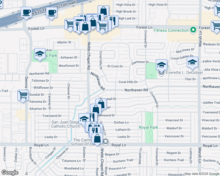 map of restaurants, bars, coffee shops, grocery stores, and more near 11403 Shans Street in Dallas