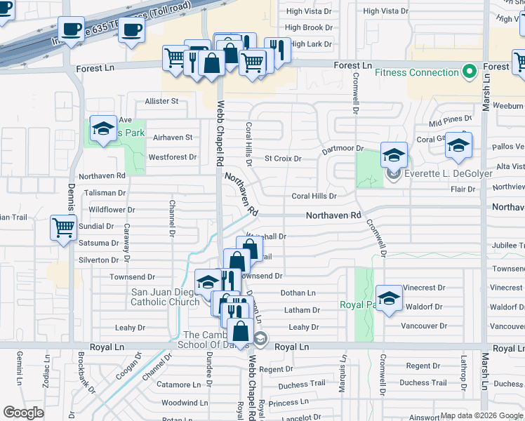 map of restaurants, bars, coffee shops, grocery stores, and more near 3245 Northaven Road in Dallas