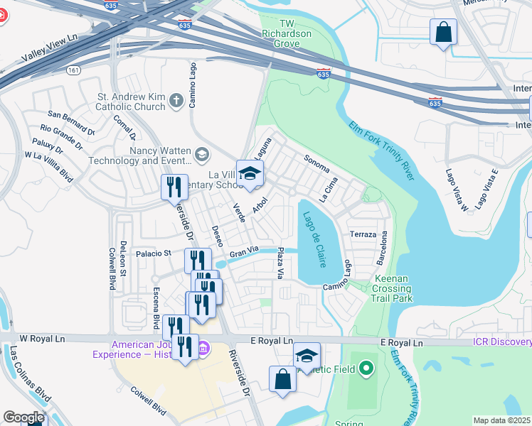 map of restaurants, bars, coffee shops, grocery stores, and more near 626 Arbol in Irving