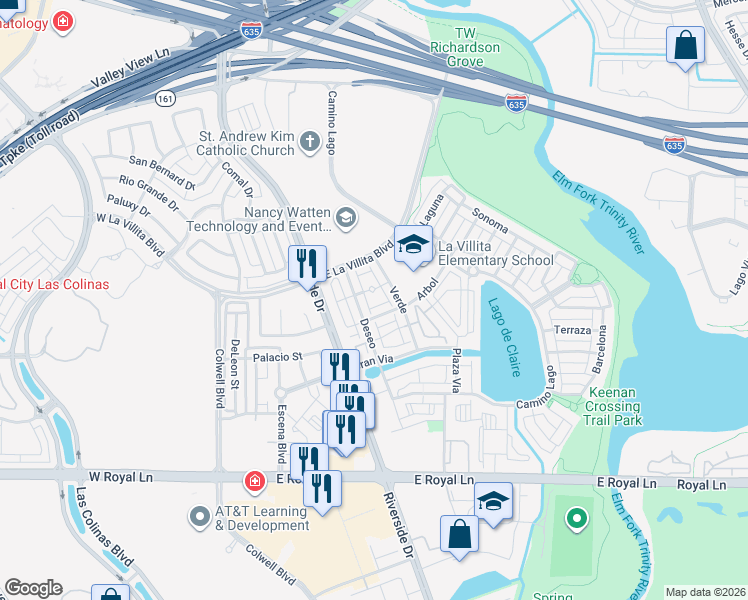 map of restaurants, bars, coffee shops, grocery stores, and more near 423 Fuente in Irving