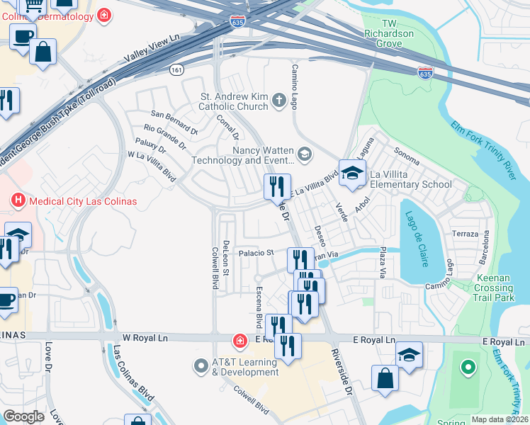 map of restaurants, bars, coffee shops, grocery stores, and more near 6941 Riverside Drive in Irving