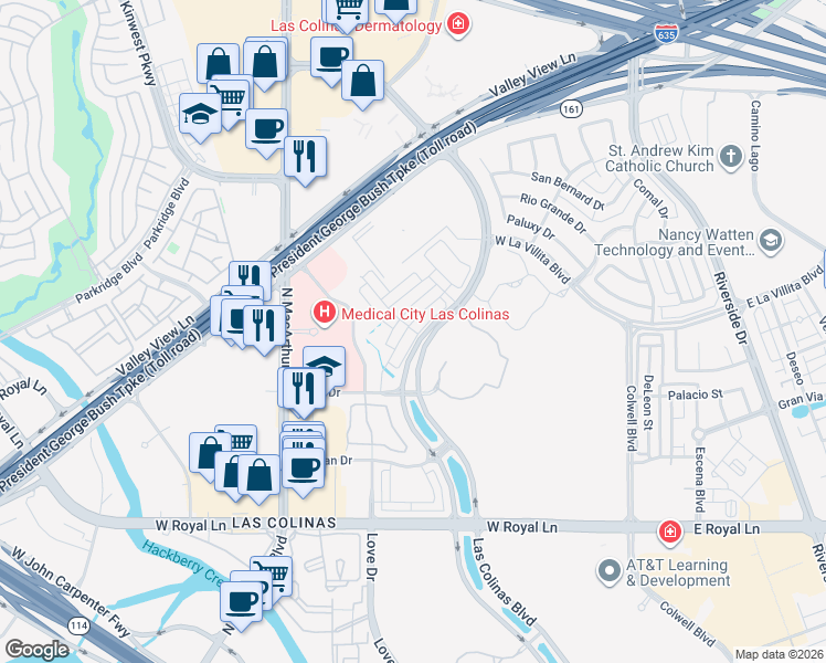 map of restaurants, bars, coffee shops, grocery stores, and more near 6777 Verandah Way in Irving