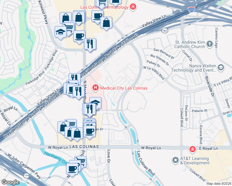 map of restaurants, bars, coffee shops, grocery stores, and more near 6777 Verandah Way in Irving