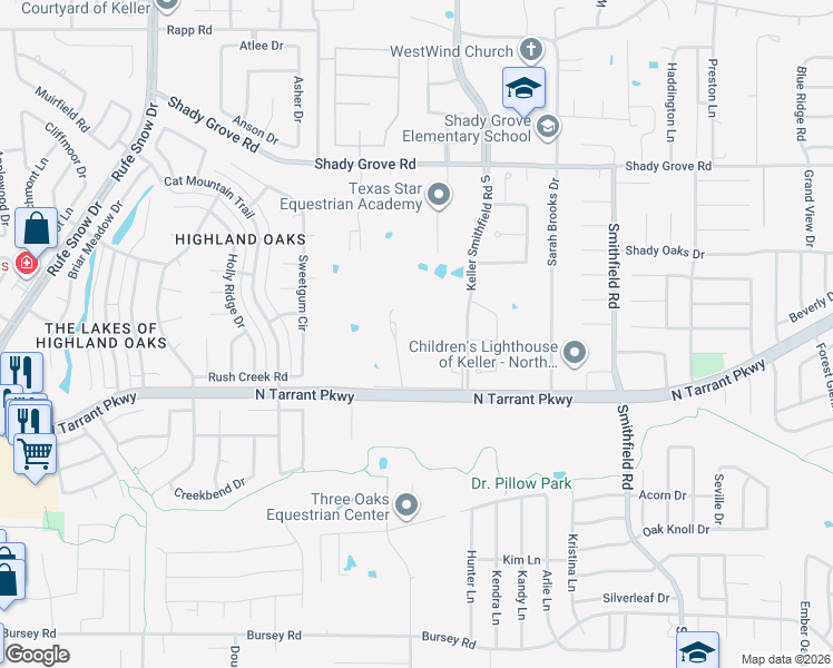 map of restaurants, bars, coffee shops, grocery stores, and more near 1400 Wilson Lane in Keller