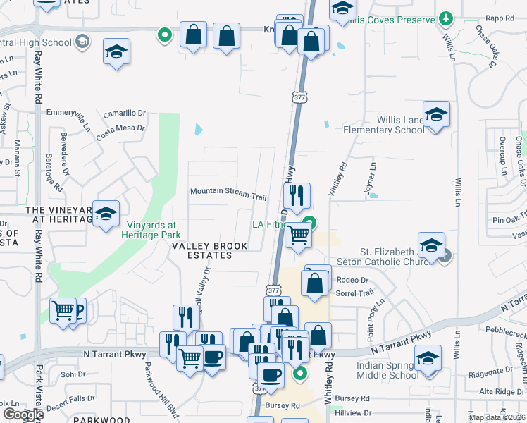 map of restaurants, bars, coffee shops, grocery stores, and more near 8940 Sun Haven Way in Fort Worth