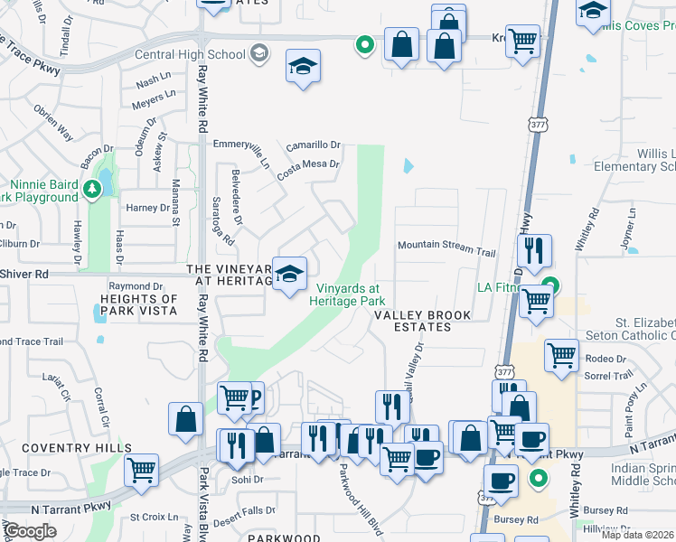 map of restaurants, bars, coffee shops, grocery stores, and more near 5524 Scotts Valley Street in Fort Worth