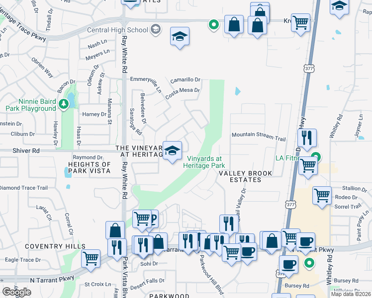 map of restaurants, bars, coffee shops, grocery stores, and more near 5521 Shiver Road in Fort Worth
