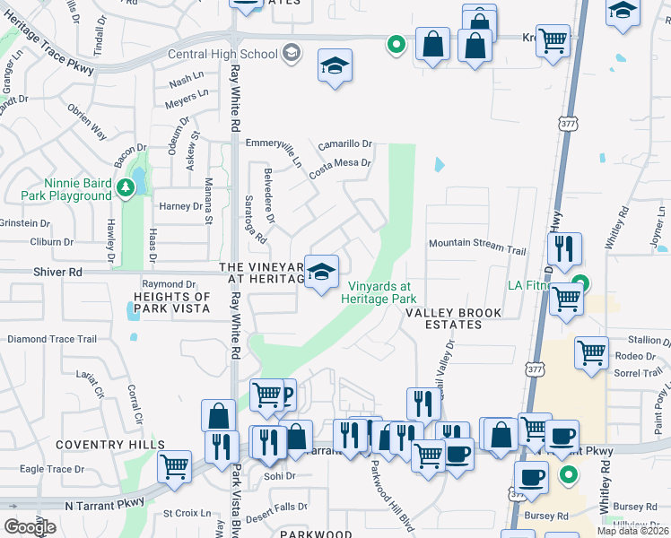 map of restaurants, bars, coffee shops, grocery stores, and more near 5521 Shiver Road in Fort Worth