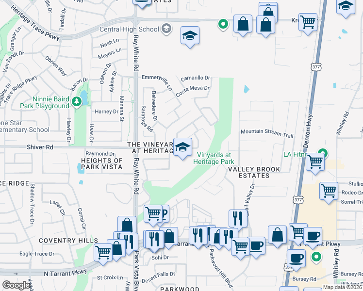 map of restaurants, bars, coffee shops, grocery stores, and more near 5313 Temecula Road in Fort Worth