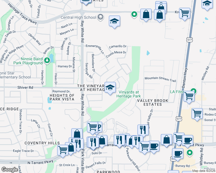 map of restaurants, bars, coffee shops, grocery stores, and more near 5313 Temecula Road in Fort Worth