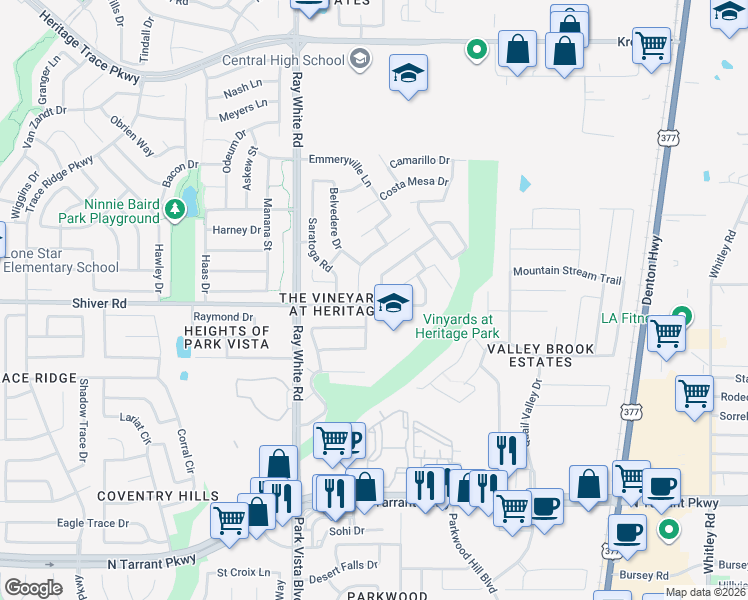 map of restaurants, bars, coffee shops, grocery stores, and more near 5313 Temecula Road in Fort Worth
