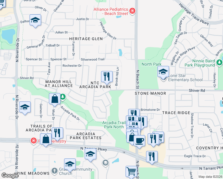map of restaurants, bars, coffee shops, grocery stores, and more near 8909 Brook Hill Lane in Fort Worth