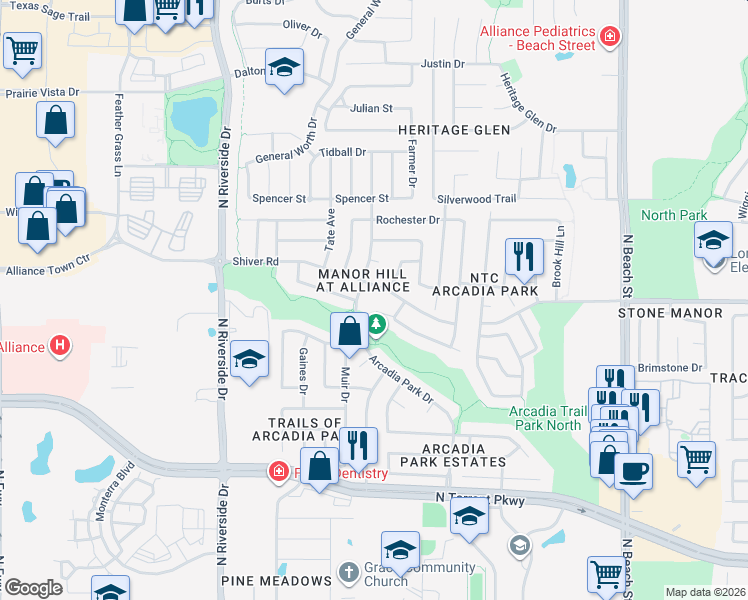 map of restaurants, bars, coffee shops, grocery stores, and more near 3912 Shiver Road in Fort Worth