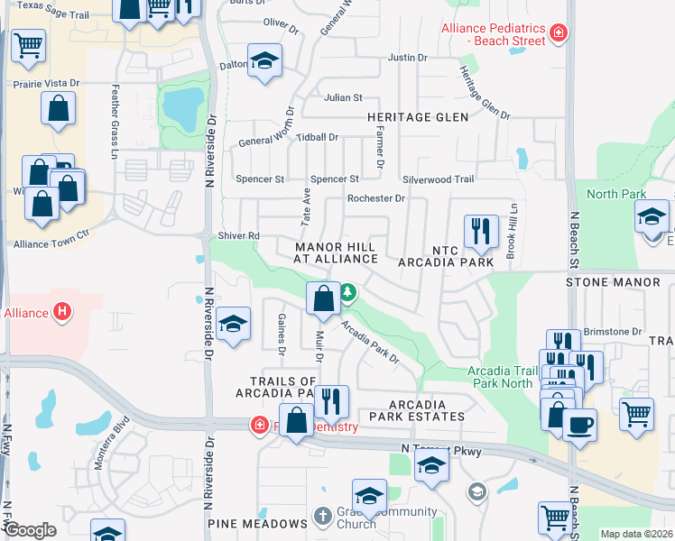 map of restaurants, bars, coffee shops, grocery stores, and more near 3912 Shiver Road in Fort Worth