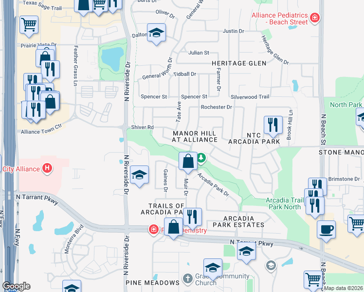 map of restaurants, bars, coffee shops, grocery stores, and more near 3821 Sevenoaks Drive in Fort Worth