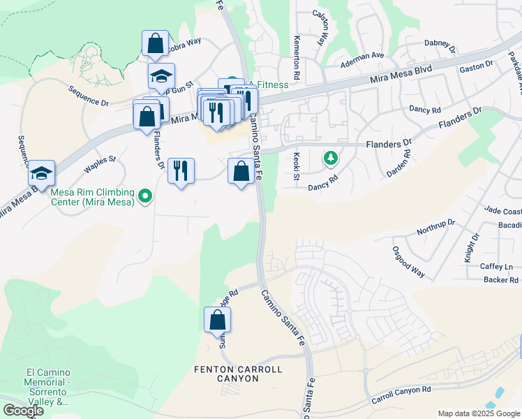 map of restaurants, bars, coffee shops, grocery stores, and more near Camino Santa Fe in San Diego