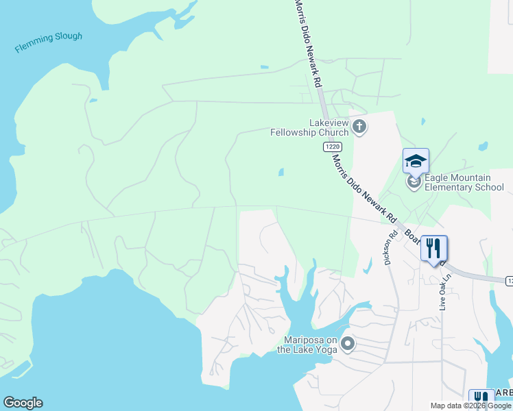map of restaurants, bars, coffee shops, grocery stores, and more near 9386 Boat Club Road in Fort Worth