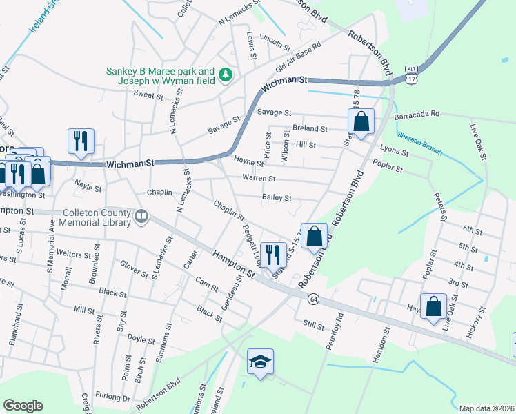 map of restaurants, bars, coffee shops, grocery stores, and more near 112 Bailey Street in Walterboro