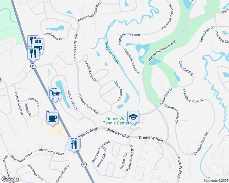 map of restaurants, bars, coffee shops, grocery stores, and more near 1277 Hermit Crab Way in Mount Pleasant