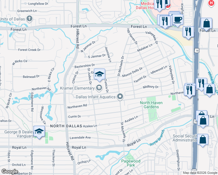 map of restaurants, bars, coffee shops, grocery stores, and more near 7219 Yamini Drive in Dallas