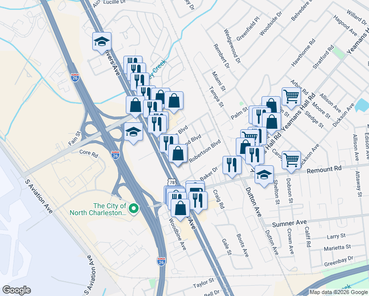 map of restaurants, bars, coffee shops, grocery stores, and more near 5838 Longleaf Avenue in North Charleston