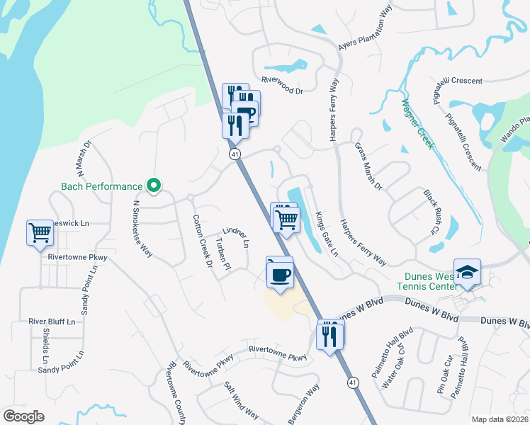 map of restaurants, bars, coffee shops, grocery stores, and more near 2252 Kings Gate Lane in Mount Pleasant