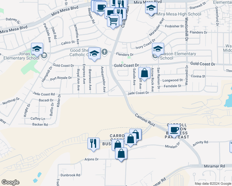 map of restaurants, bars, coffee shops, grocery stores, and more near 10174 Camino Ruiz in San Diego