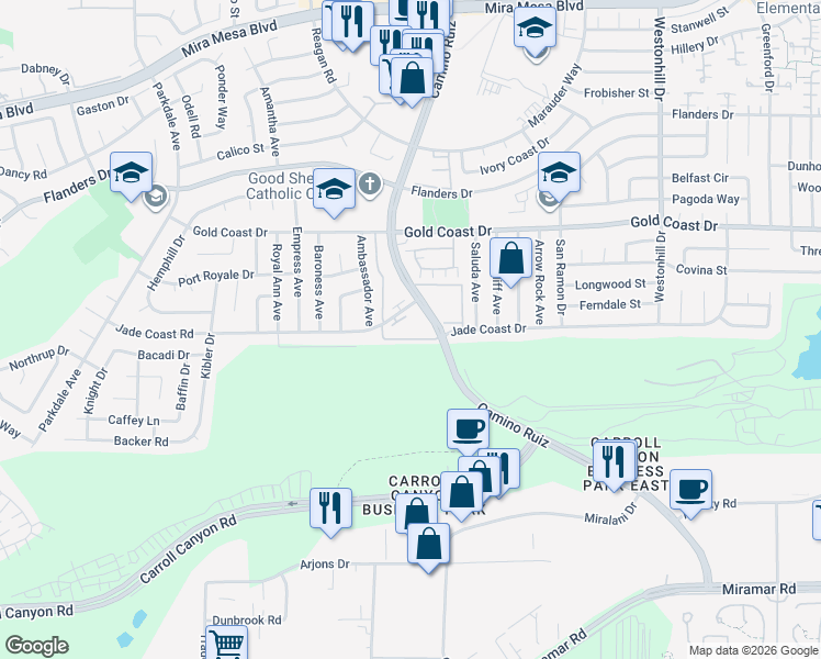 map of restaurants, bars, coffee shops, grocery stores, and more near 8223 Jade Coast Road in San Diego