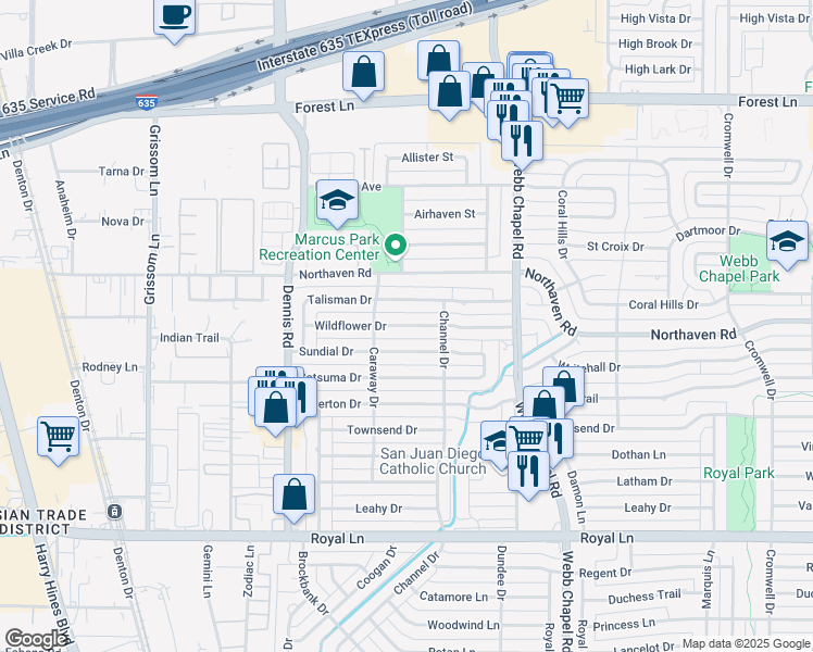 map of restaurants, bars, coffee shops, grocery stores, and more near Wildflower Drive in Dallas