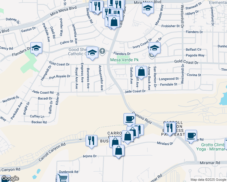 map of restaurants, bars, coffee shops, grocery stores, and more near 10166 Camino Ruiz in San Diego