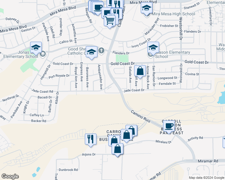 map of restaurants, bars, coffee shops, grocery stores, and more near 8223 Jade Coast Road in San Diego