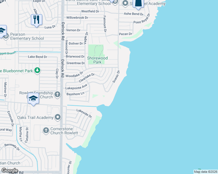 map of restaurants, bars, coffee shops, grocery stores, and more near 4417 Scenic Drive in Rowlett