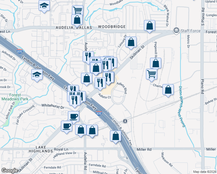 map of restaurants, bars, coffee shops, grocery stores, and more near 9220 Skillman Street in Dallas