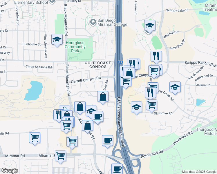 map of restaurants, bars, coffee shops, grocery stores, and more near 10191 Maya Linda Road in San Diego