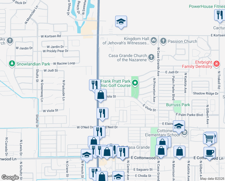 map of restaurants, bars, coffee shops, grocery stores, and more near 201 West Barrus Place in Casa Grande