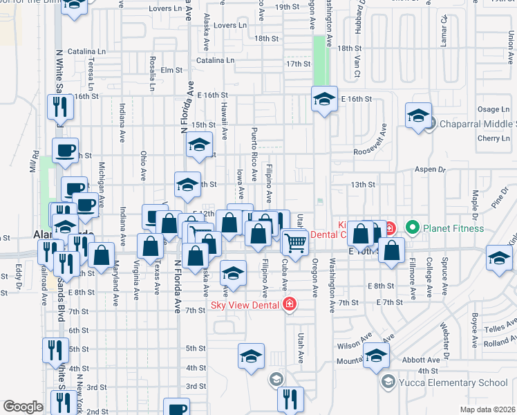 map of restaurants, bars, coffee shops, grocery stores, and more near 1198 Filipino Avenue in Alamogordo