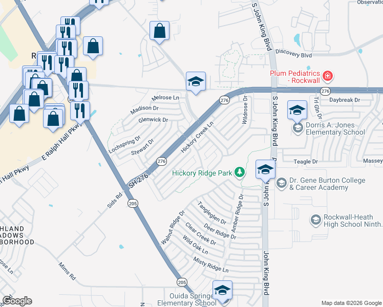 map of restaurants, bars, coffee shops, grocery stores, and more near 1534 Greenbrook Drive in Rockwall