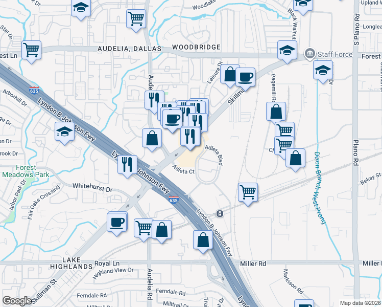 map of restaurants, bars, coffee shops, grocery stores, and more near 9220 Skillman Street in Dallas