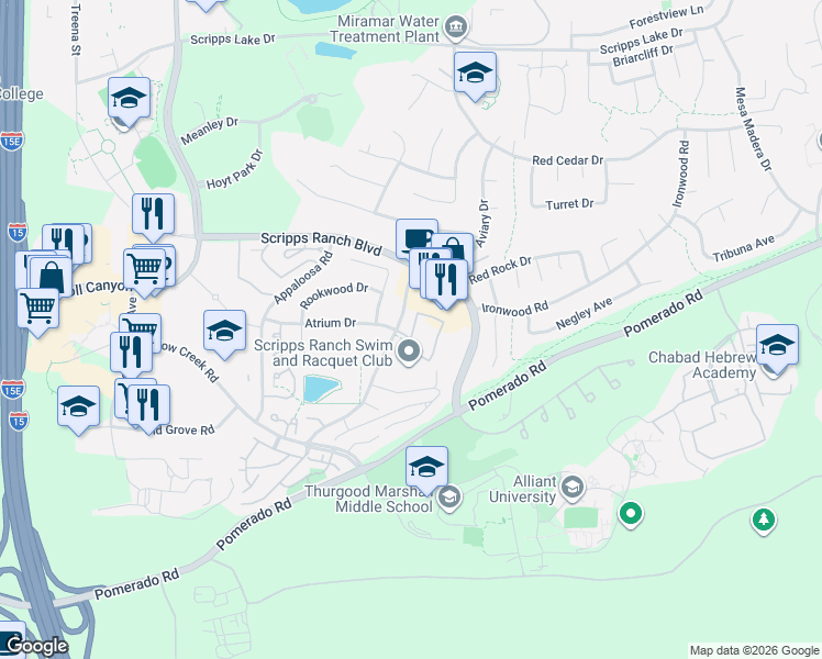 map of restaurants, bars, coffee shops, grocery stores, and more near 9905 Aviary Drive in San Diego