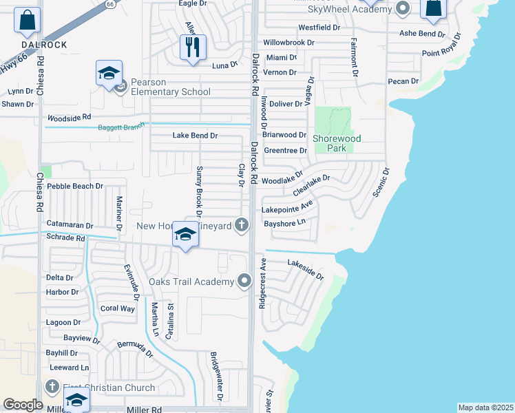 map of restaurants, bars, coffee shops, grocery stores, and more near 8702 Clearlake Drive in Rowlett